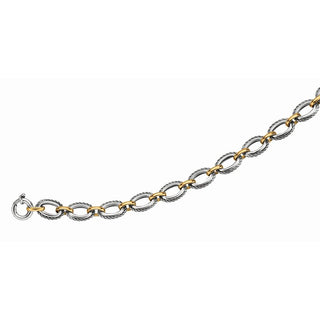 18K & Sterling Silver 7.5in Yellow & Rhodium Polished & Textured Bracelet with Giant Spring Ring Clasp