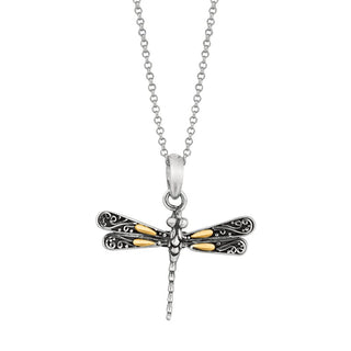 18K & Sterling Silver 18in Polished Dragonfly & Byzantine Necklace with Lobster Clasp